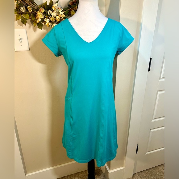 Toad & Co Tech Tomboy Crew Neck Cap Sleeves Performance Dress in Turquoise Sz S - Picture 2 of 10